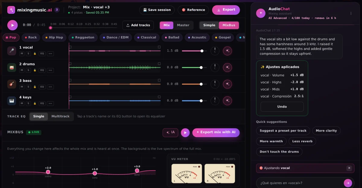 MixingMusic.AI AudioChat AI focused on one track: the AI analyzed the vocal and applied EQ and compression changes that can be undone