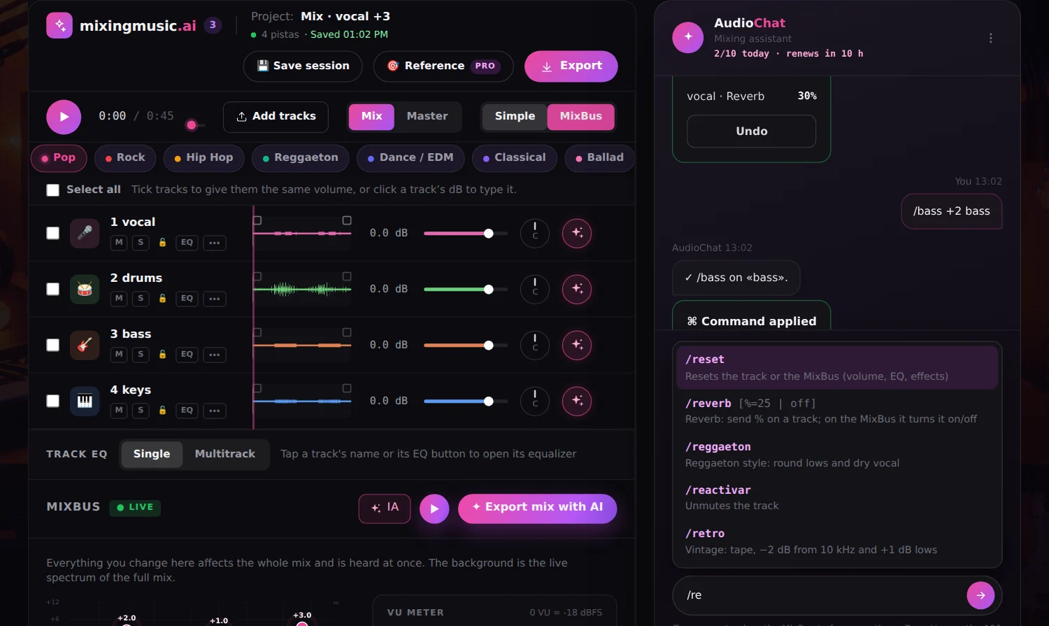 MixingMusic.AI AudioChat with the command list open after typing "/" and a /reverb command applied to the vocal with an undo option