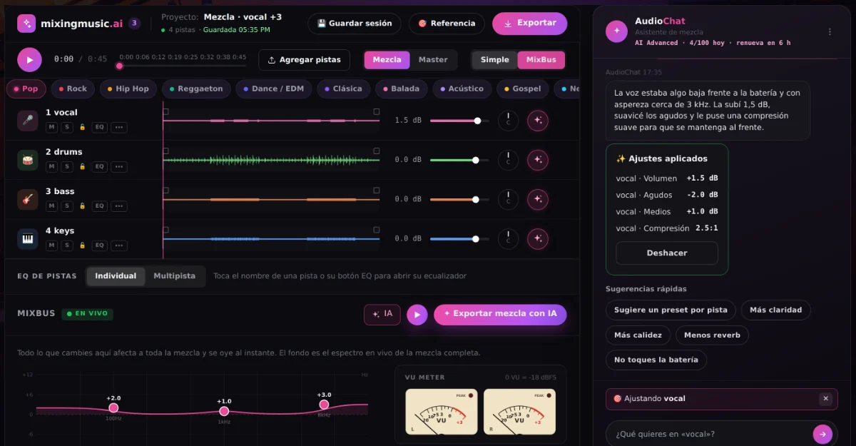 AudioChat IA de MixingMusic.AI enfocado en una pista: la IA analizó la voz y aplicó ajustes de EQ y compresión que se pueden deshacer