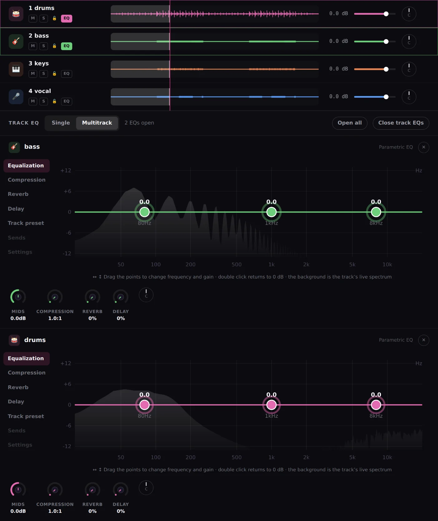 MixingMusic.AI per-track EQ in Multitrack mode: bass and drums open at once with their spectrum